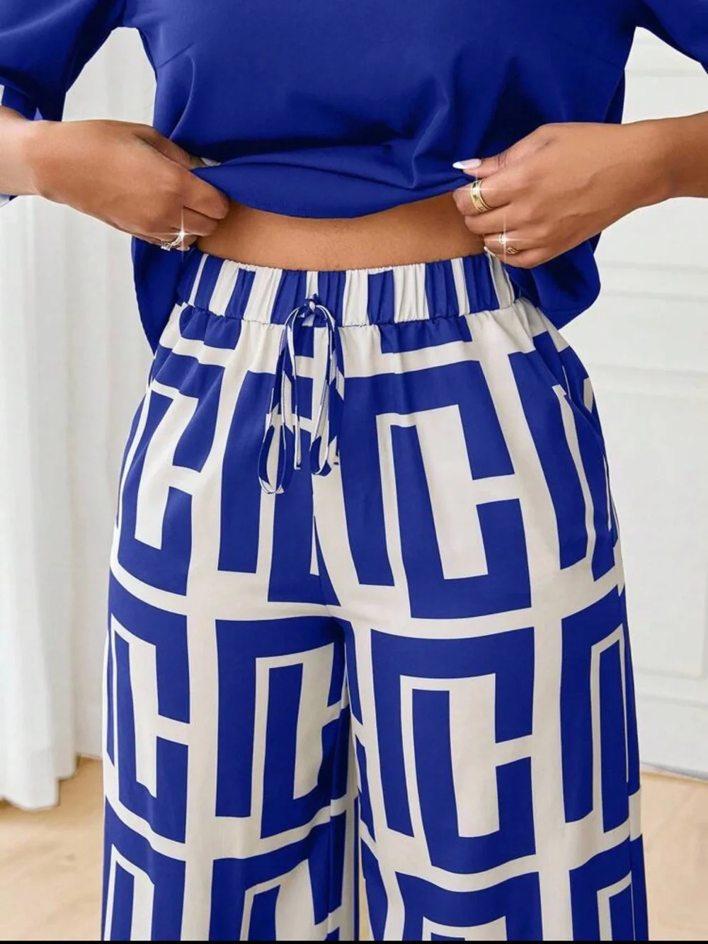 Sky Blue Geometric Wide Leg Pants Two-Piece Set